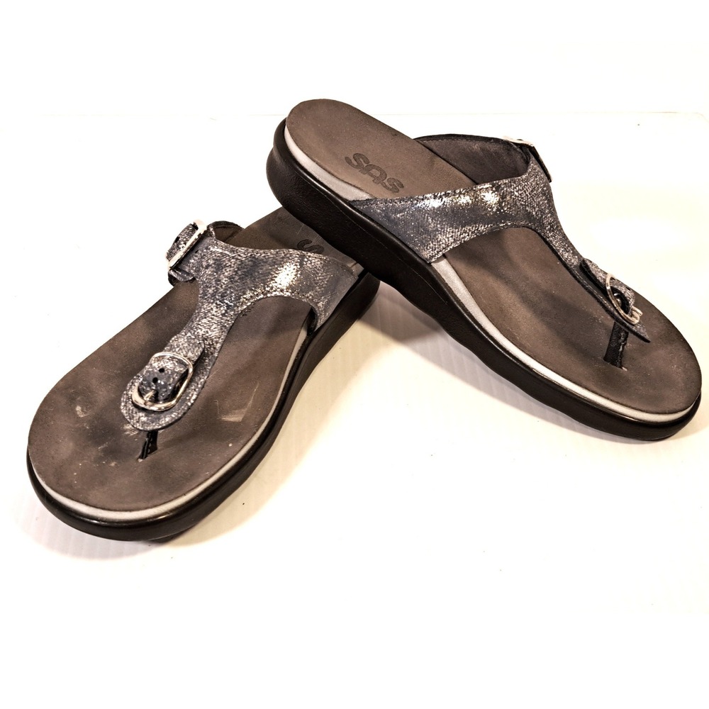 SAS Tripad Comfort Women Metallic Blue Silver Thong Sandals Made in USA Size 6.5